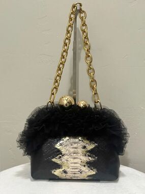 Embossed Snakeskin Leather Handmade “Super Ball” Kisslock With Lace Trim Bag